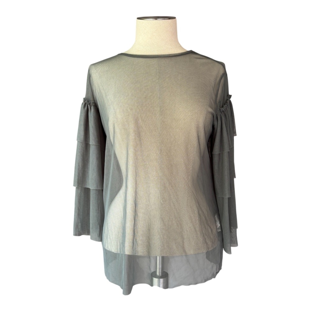 Zara Trafaluc Women's M Olive Green Sheer Mesh Tiered Ruffle Sleeve Top Boho